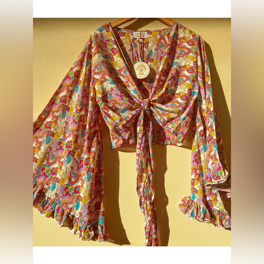 Silk Bell Sleeve Hippie Boho Wrap Top